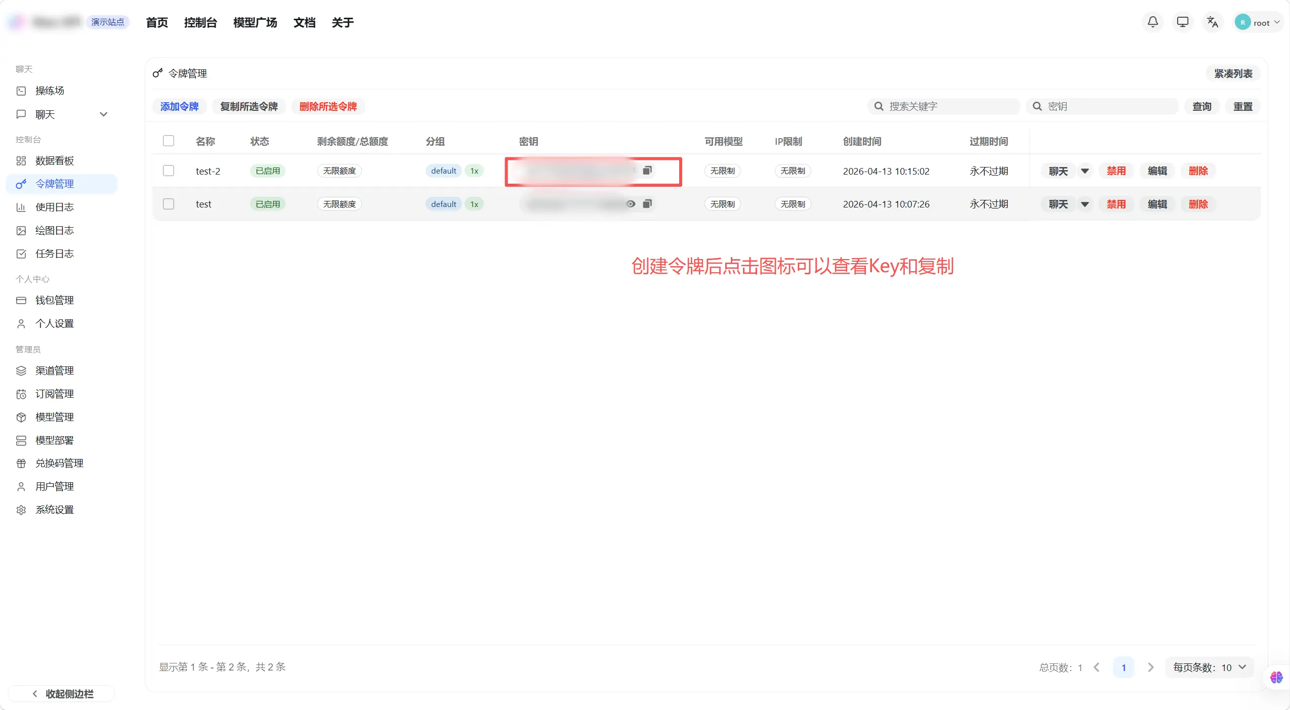 Token created successfully, showing full key